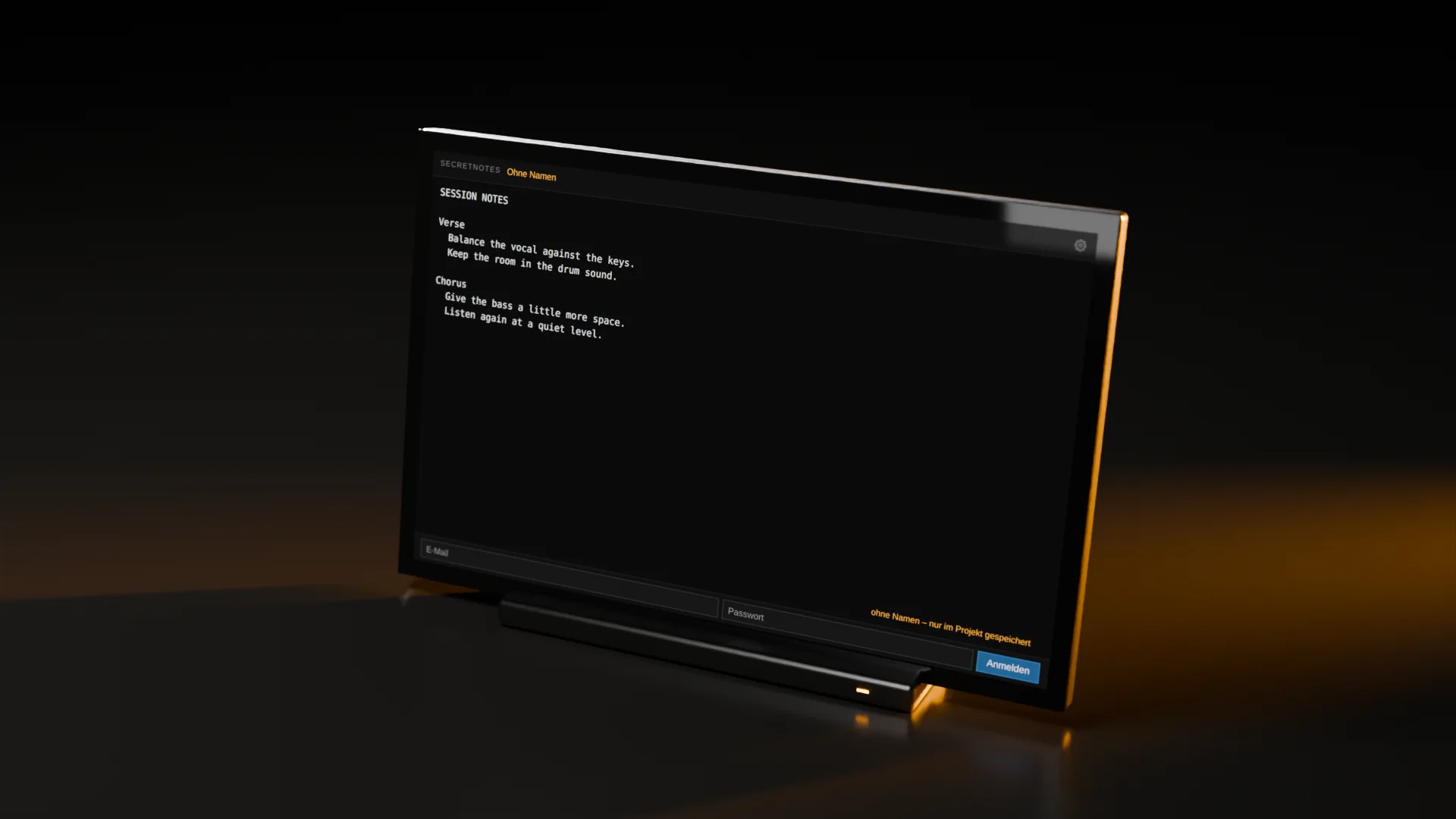 Secret Notes rendered as studio hardware with its real interface
